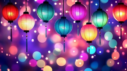 Colorful Lanterns Illuminated Festive Background Bokeh Lights
