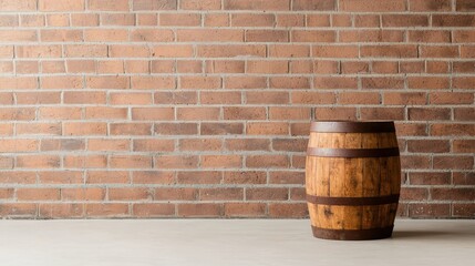 Naklejka premium Vintage Wooden Beer Barrel Against a Rustic Brick Wall in a Brewery Setting