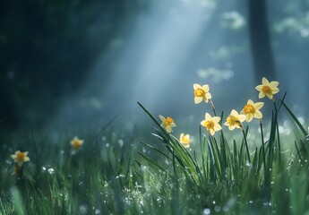 Fototapeta premium Yellow Daffodils Blooming in a Misty Spring Meadow