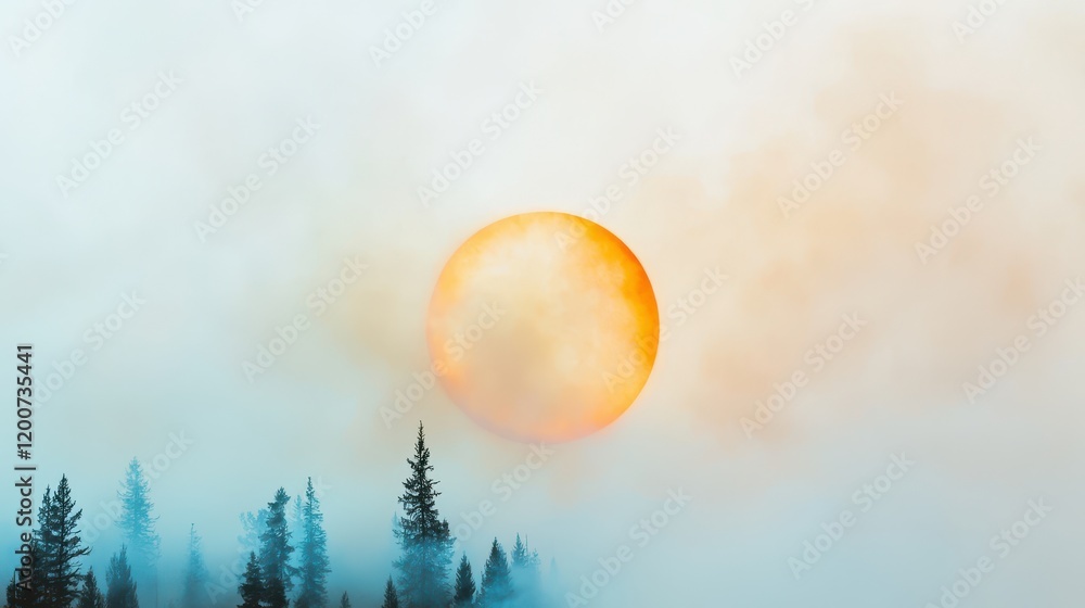 Poster abstract representation of heat circles radiating from a central source over a misty landscape