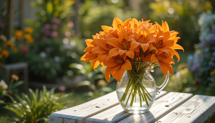 Orange lilies in glass vase on wooden bench.