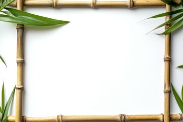 Fototapeta premium Bamboo frame with tropical leaves on white background.