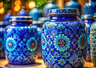Intricate pattern adorns a big blue ceramic jar, captured in a charming tilt-shift miniature diorama photograph.