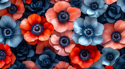 Vibrant coral, blue anemones, roses; floral backdrop