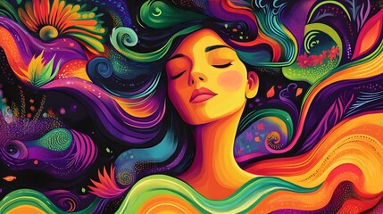 Vibrant Woman Surrounded By Abstract Floral Waves