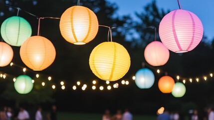 Fototapeta premium Colorful Paper Lanterns Illuminate Evening Gathering