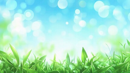 Fototapeta premium Spring Meadow Bokeh: Vibrant green grass blades reach towards a bright, bokeh-filled blue sky, evoking a sense of springtime freshness and renewal.
