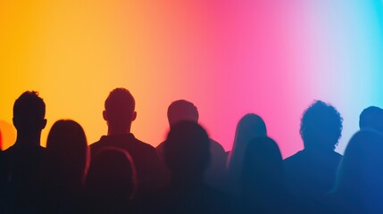 Abstract Representation of Diverse Audience Silhouettes Against a Vibrant Background