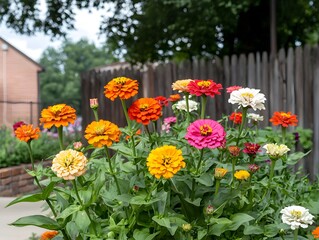 Fototapeta premium Creating a vibrant garden scene colorful zinnias in a sunny backyard with rustic fence