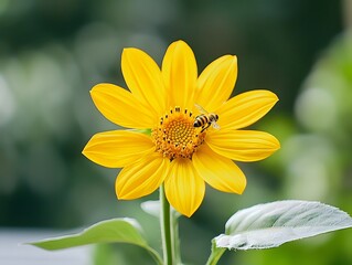 Obraz premium Bee pollinating a bright yellow sunflower closeup in a natural garden setting captured with a blurred background for an artistic touch