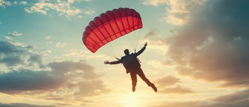 Businessman skydiving with red parachute at sunset.