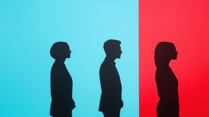 Abstract Silhouettes Depicting Negotiation Themes in Vibrant Blue and Red Backgrounds for Visual Communication