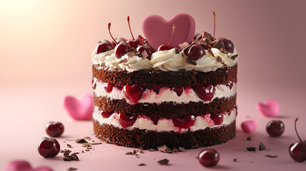 Romantic Black Forest Cake with Heart and Cherries for Celebration