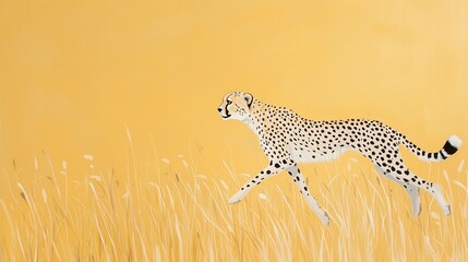Obraz premium Alert Cheetah in Mid Chase Across Golden Grassland under Bright Yellow Sky
