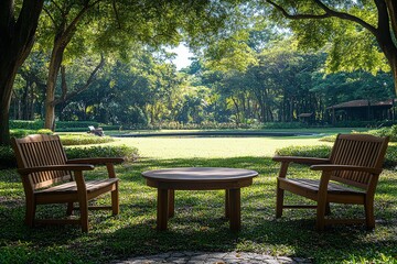 Obraz premium Teak garden furniture set with chairs and table on a grassy field in a park, outdoor dining and relaxation concept