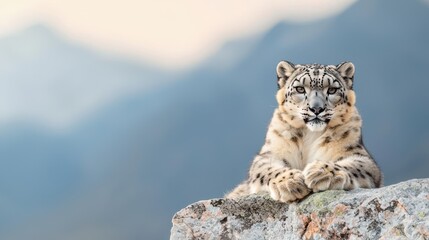 Obraz premium Elegant Snow Leopard Resting Gracefully on Rocky Ledge with Scenic Mountains in Background