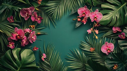 Tropical Floral Frame: Lush pink orchids and vibrant tropical leaves create a vibrant, natural frame against a deep teal background, perfect for adding a touch of exotic elegance to your designs. 