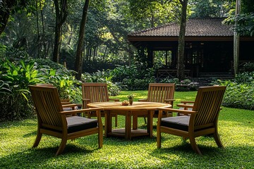 Obraz premium Teak garden furniture set with chairs and table on a grassy field in a park, outdoor dining and relaxation concept