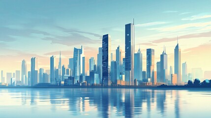 Obraz premium Modern Metropolis Skyline: A vibrant and futuristic cityscape rises against a breathtaking sunset, with towering skyscrapers reflected in the tranquil waters below, evoking a sense of ambition.