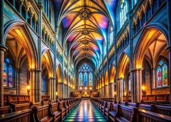 Long exposure captures a gothic church interior's spiritual essence, light trails tracing its sacred architecture.