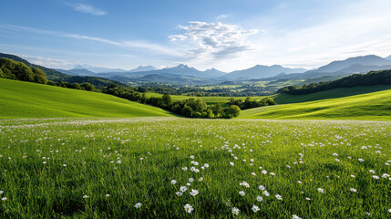 serene countryside landscape featuring rolling hills, blooming flowers, and majestic mountains