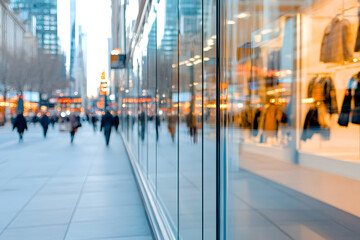 bustling city street reflected in clean glass storefront, showcasing blurred pedestrians and vibrant shop displays