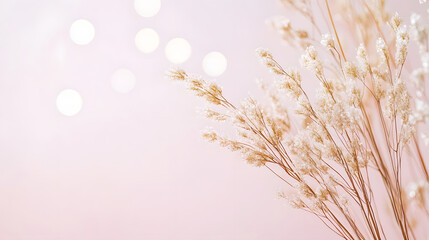 Obraz premium Delicate dried flowers against soft pink background with bokeh lights create serene atmosphere