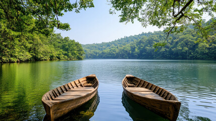 Obraz premium Peaceful river scene with traditional wooden boats surrounded by lush greenery
