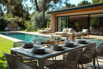 Fototapeta premium Outdoor dining setup with gray plastic table, chairs, and plates on grass by the pool, perfect for al fresco meals.