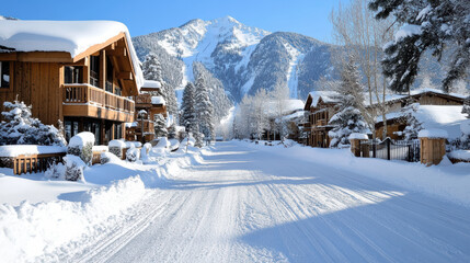 Fototapeta premium picturesque winter village with snow covered houses and mountains