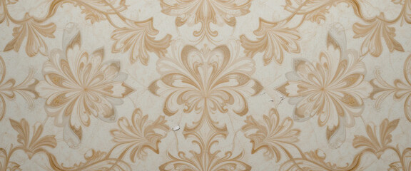 Ornate floral wallpaper design in soft beige tones.