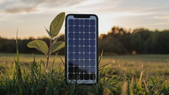 Solar-Powered Future: A sleek smartphone with an integrated solar panel stands upright in a vibrant green field, symbolizing sustainable technology and renewable energy.