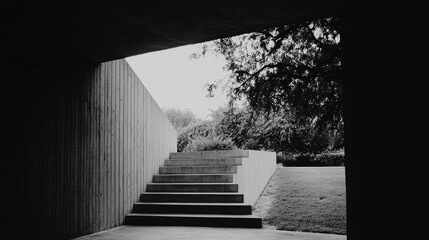 Fototapeta premium Concrete Steps Leading to Tranquil Garden