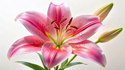 Naklejka premium Elegant Close-Up of a Delicate Pink Lily in Low Light, Isolated on White Background, Highlighting Natural Beauty and Intricate Details of Petals and Stamen for Floral Photography Lovers