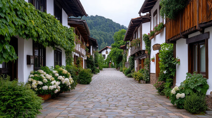 Fototapeta premium Scenic view of historic village with traditional architecture and greenery