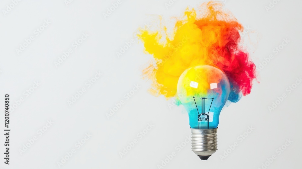 Poster conceptual burst of color from light bulb representing innovation and creativity in startup ideas