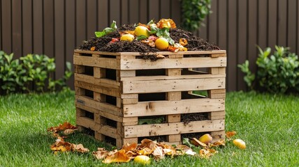 A wooden compost bin filled with organic waste and leaves sits on green grass, surrounded by fallen leaves, in a well-maintained garden setting.