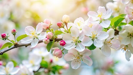 Fototapeta premium Elegant Fashion Photography with Blooming Apple Tree Close-Up on White Background, Perfect for Spring Collection and Floral Themes