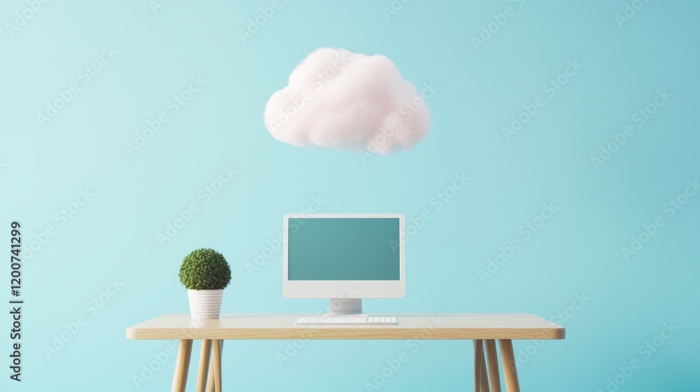 Poster creative concept of cloud computing with a computer and a small plant in a modern workspace