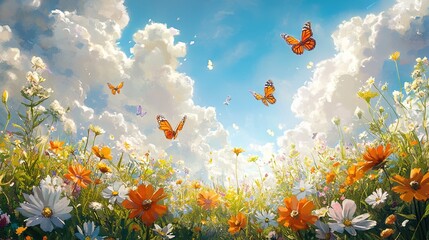 A whimsical meadow filled with wildflowers and butterflies under a bright, sunny sky