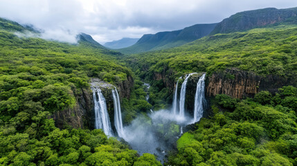 Lush green landscape with waterfalls in Western Ghats during monsoon