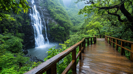 Lush green landscape with waterfall and wooden pathway in forest