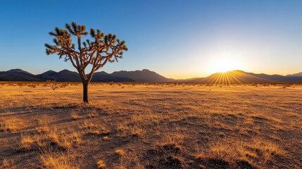 serene desert landscape at sunrise with lone tree and mountains