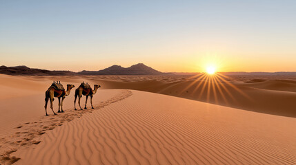 Sunset over Arabian Desert with camels silhouetted against horizon
