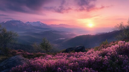 Fototapeta premium Majestic Sunrise in Spring Mountains with Vibrant Floral Hills