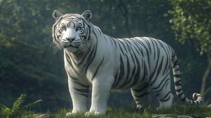 Naklejka premium Majestic white tiger standing in a lush green forest, gazing intently at the viewer.