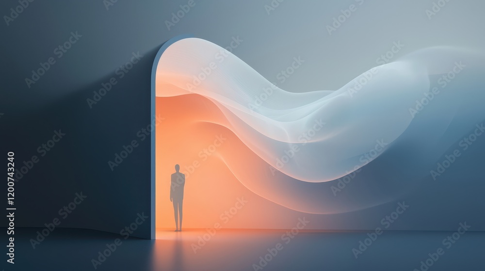 Poster dynamic visualization of digital presentation through abstract portal with flowing shapes and gradie