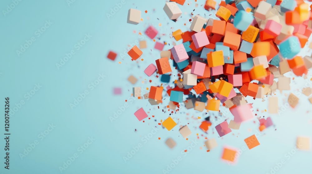 Poster dynamic visualization of colorful digital cubes with a floating effect on a soft blue background