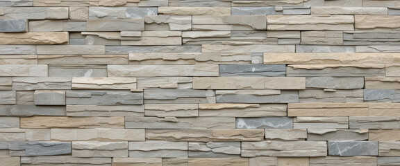 Textured stone wall featuring layered gray and beige stones.