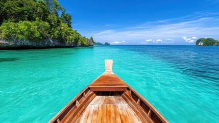 Obraz premium traditional boat gliding through turquoise waters surrounded by lush islands